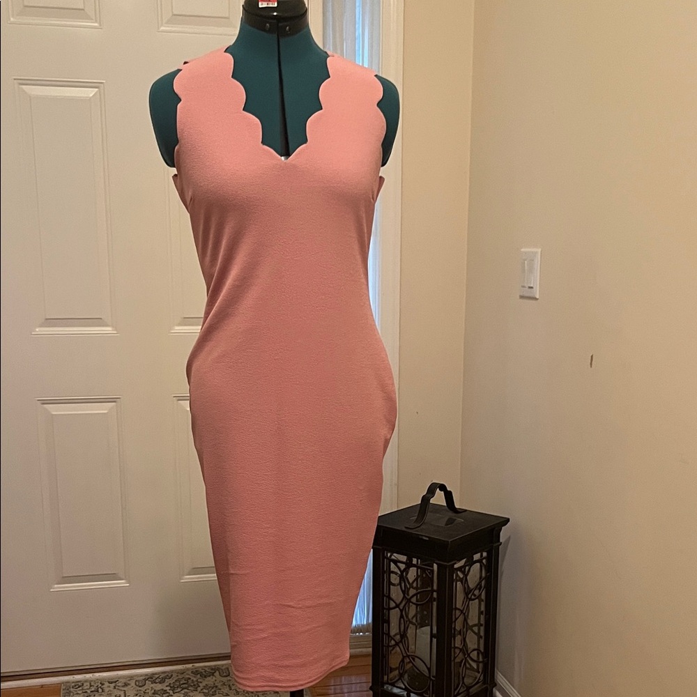 Boohoo Pink Scalloped Midi Dress